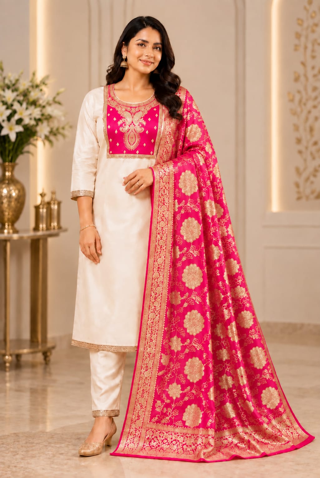 Premium  Glass Tissue Shimmering 3-Piece Suit Set with Designer- Dupatta