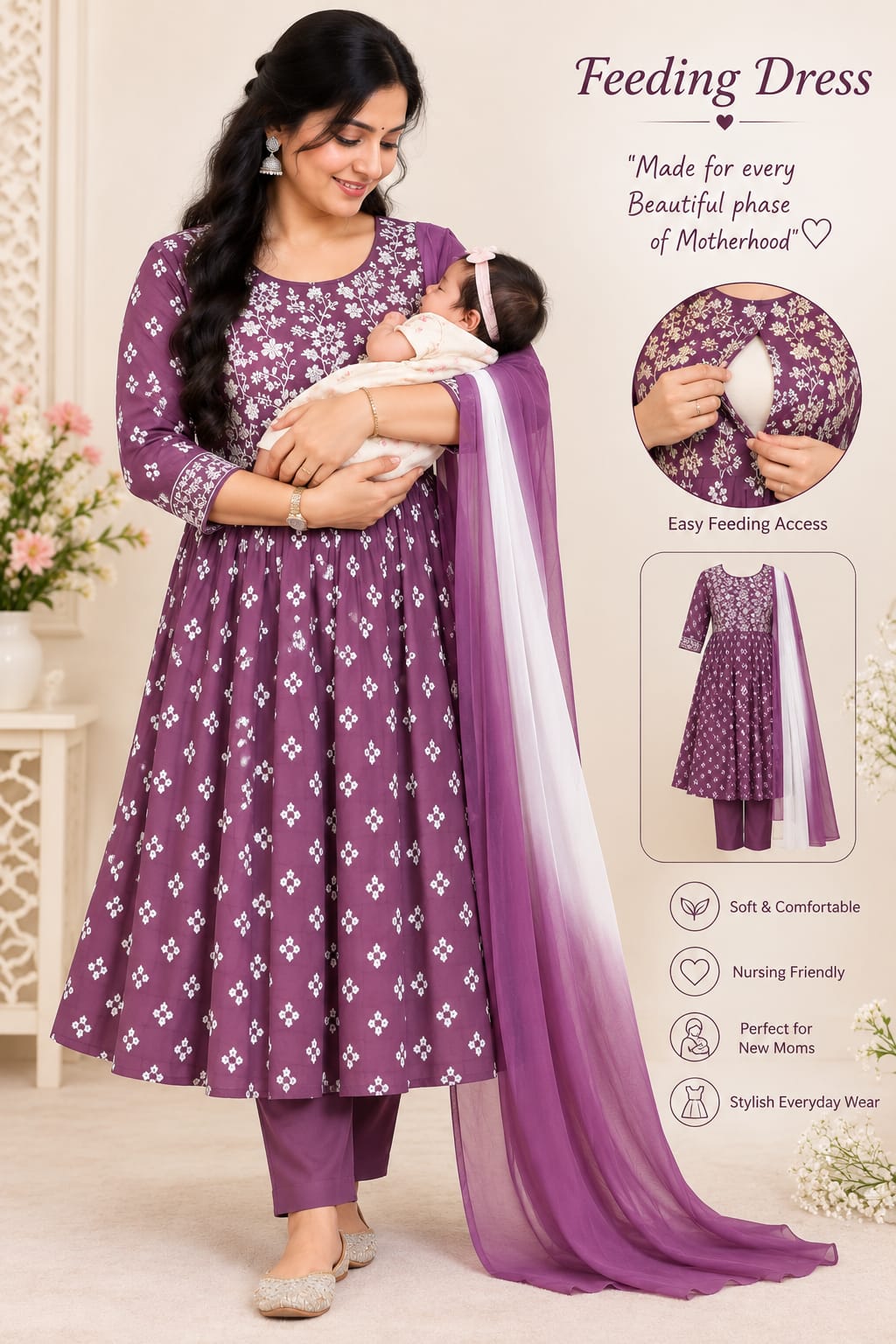 Premium floral cotton feeding dress 3piece set