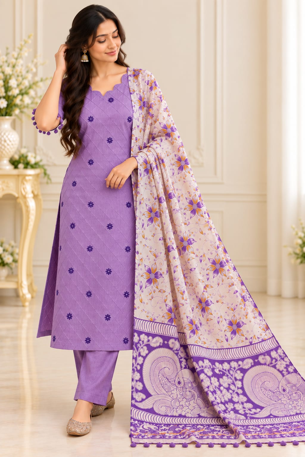 🌸 PREMIUM COTTON BLEND 3-PIECE SUIT SET WITH FLORAL KALAMKARI DHUPPATA🌸