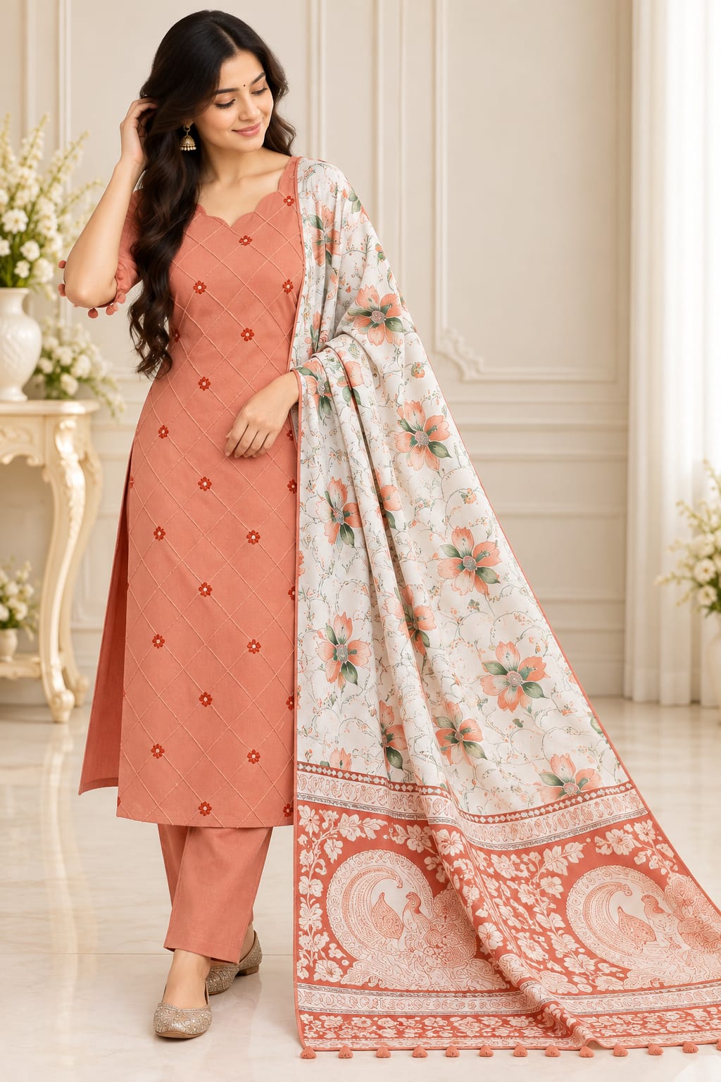 🌸 PREMIUM COTTON BLEND 3-PIECE SUIT SET WITH FLORAL KALAMKARI DHUPPATA🌸
