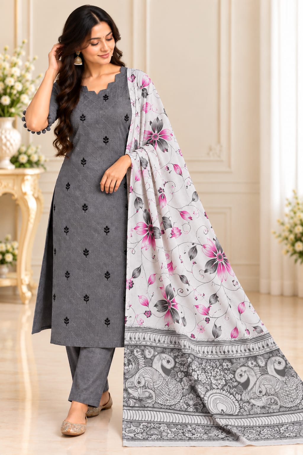 🌸 PREMIUM COTTON BLEND 3-PIECE SUIT SET WITH FLORAL KALAMKARI DHUPPATA🌸