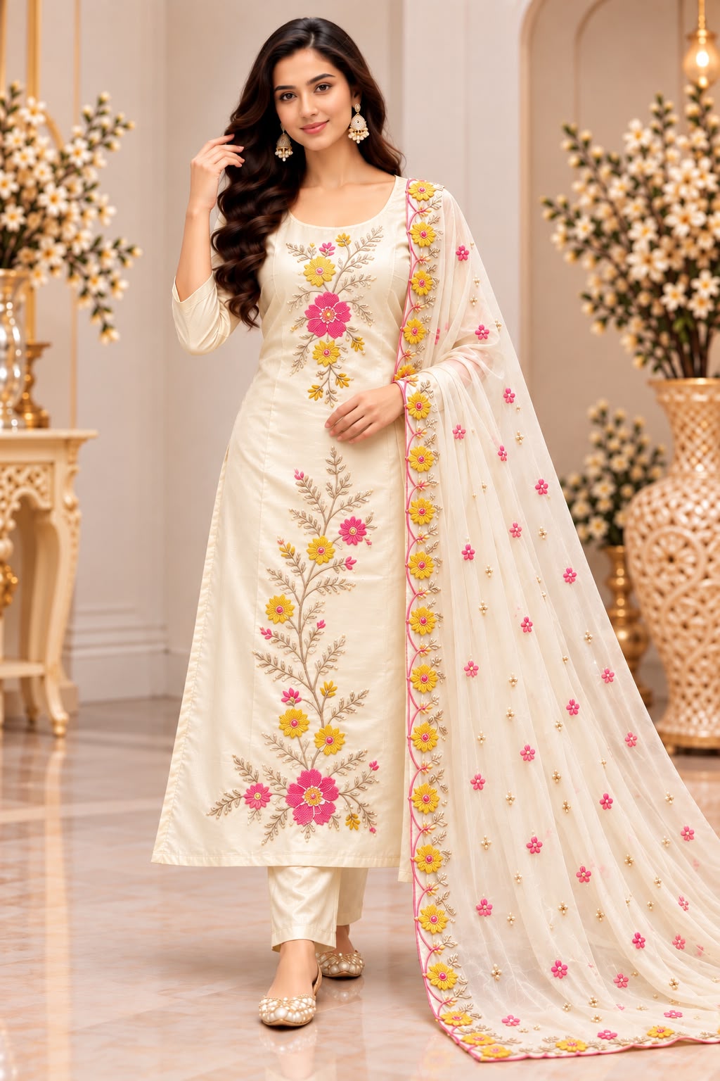 Glassy Silk Floral 3-Piece Kurti Pant Set with Dupatta – Festive Special