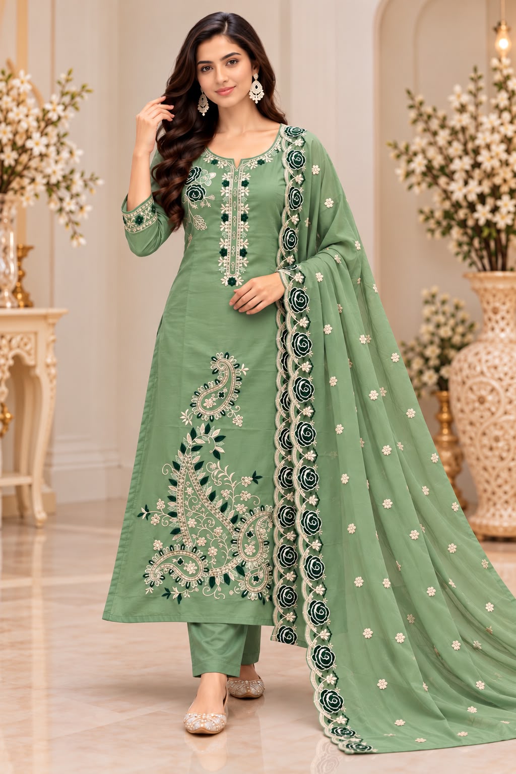 Glassy Silk Floral 3-Piece Kurti Pant Set with Dupatta – Festive Special