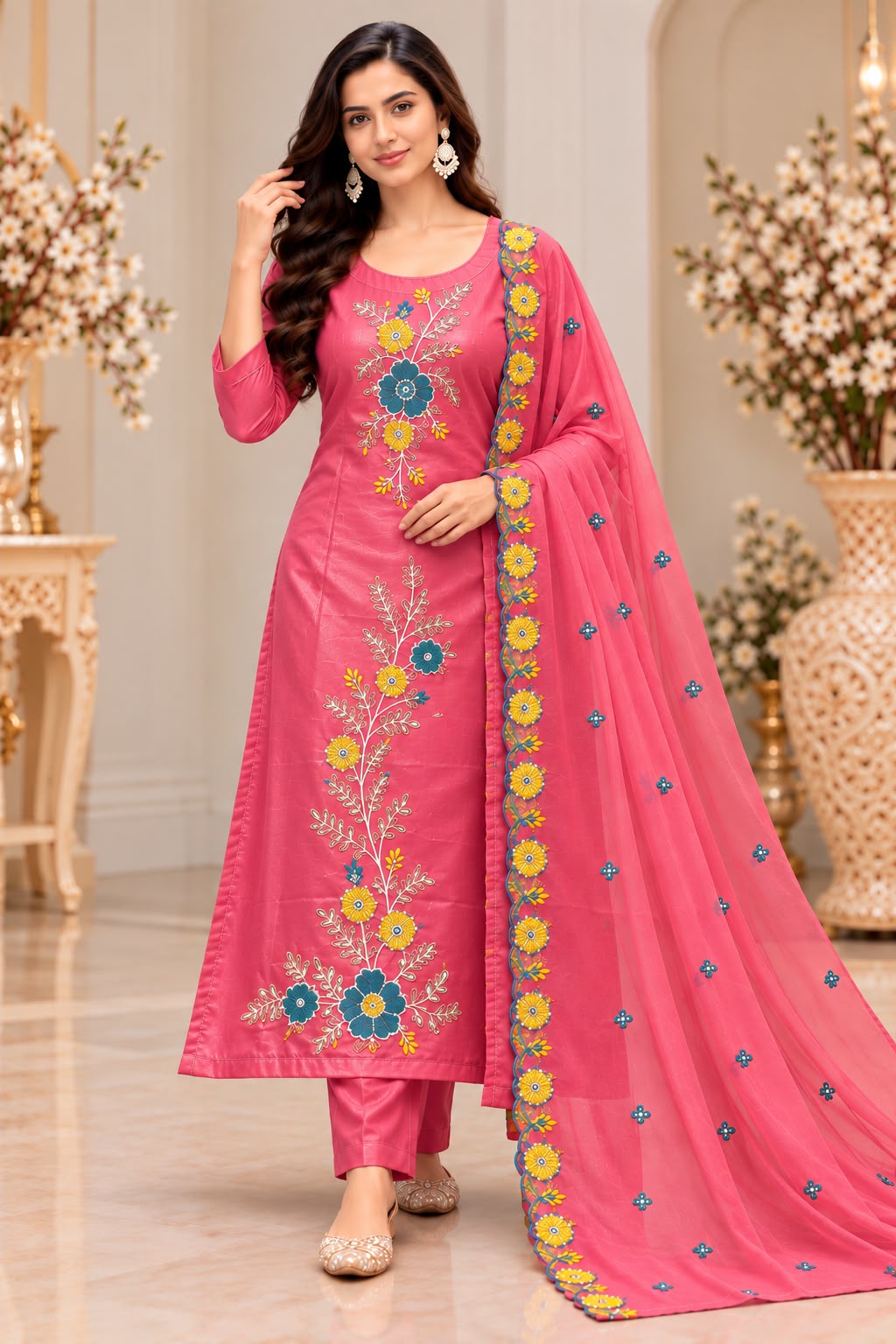 Glassy Silk Floral 3-Piece Kurti Pant Set with Dupatta – Festive Special
