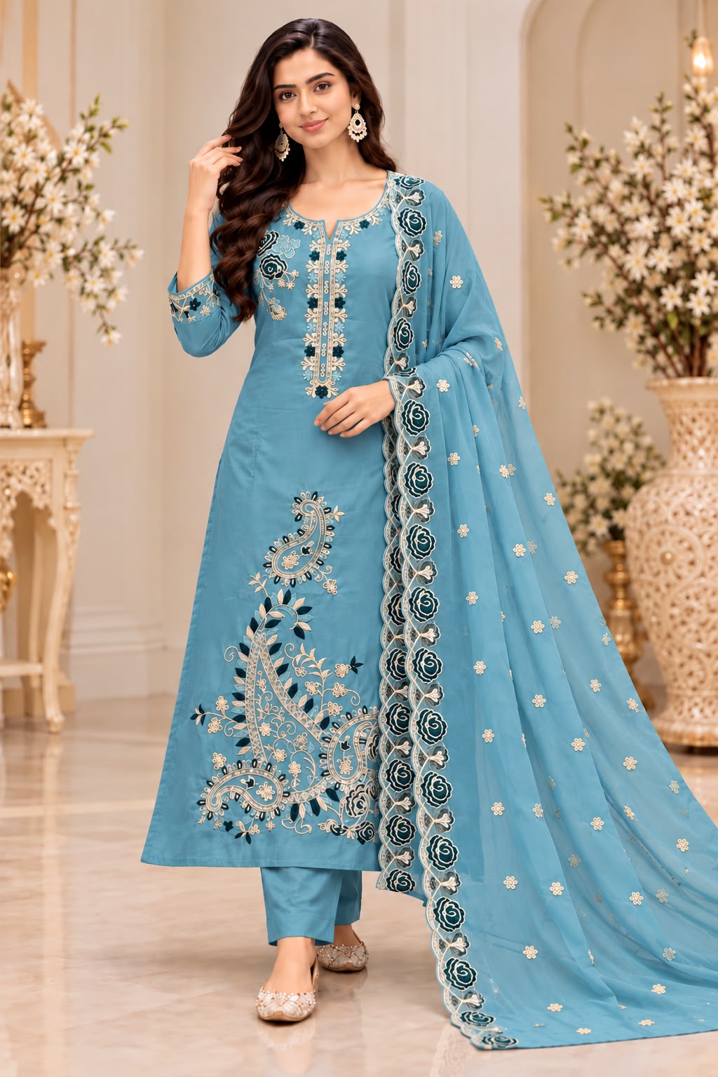 Glassy Silk Floral 3-Piece Kurti Pant Set with Dupatta – Festive Special