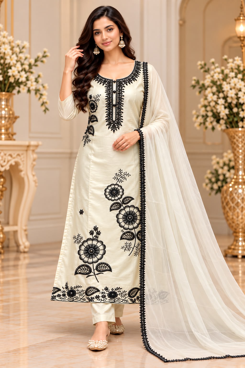Glassy Silk Floral 3-Piece Kurti Pant Set with Dupatta – Festive Special