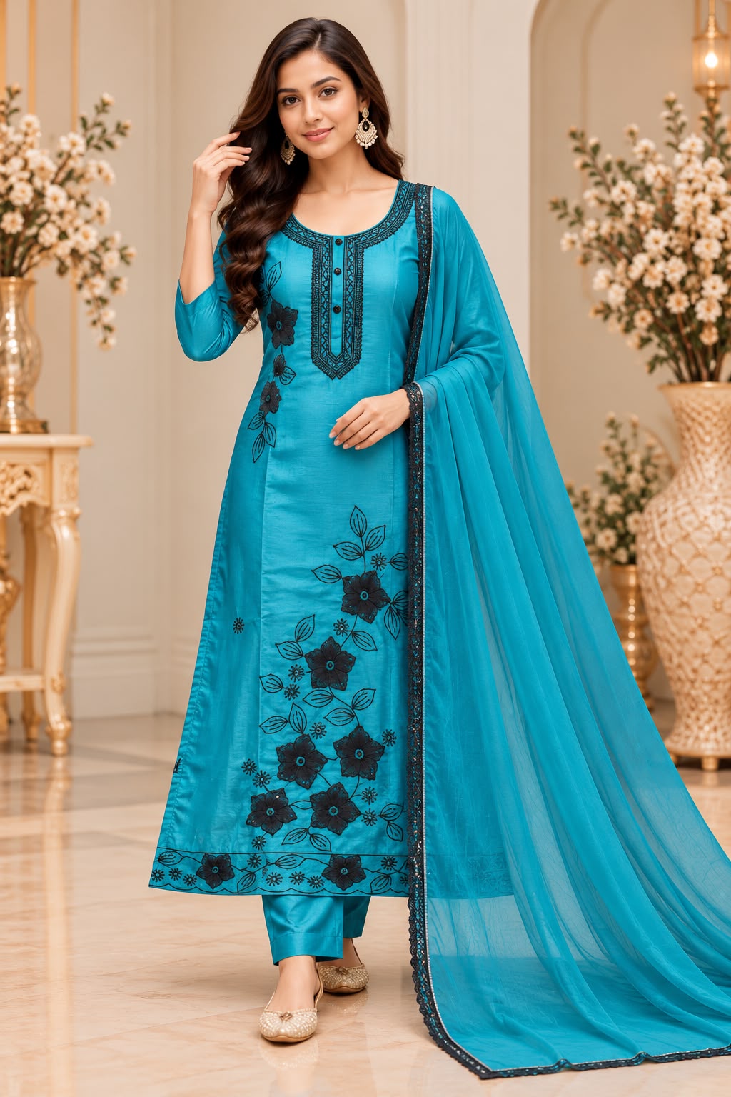 Glassy Silk Floral 3-Piece Kurti Pant Set with Dupatta – Festive Special