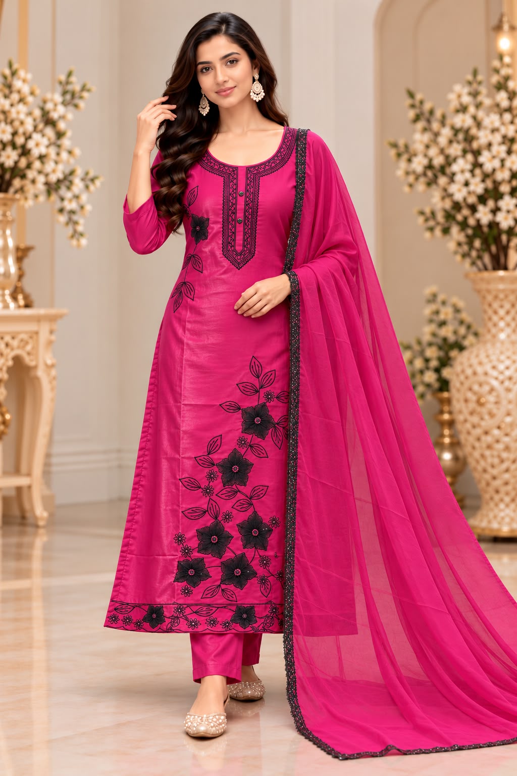 Glassy Silk Floral 3-Piece Kurti Pant Set with Dupatta – Festive Special