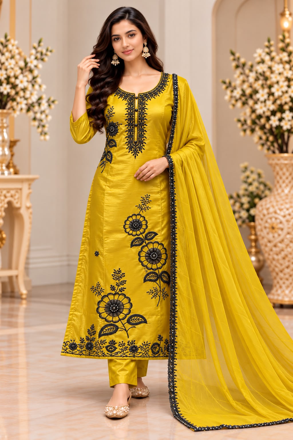 Glassy Silk Floral 3-Piece Kurti Pant Set with Dupatta – Festive Special