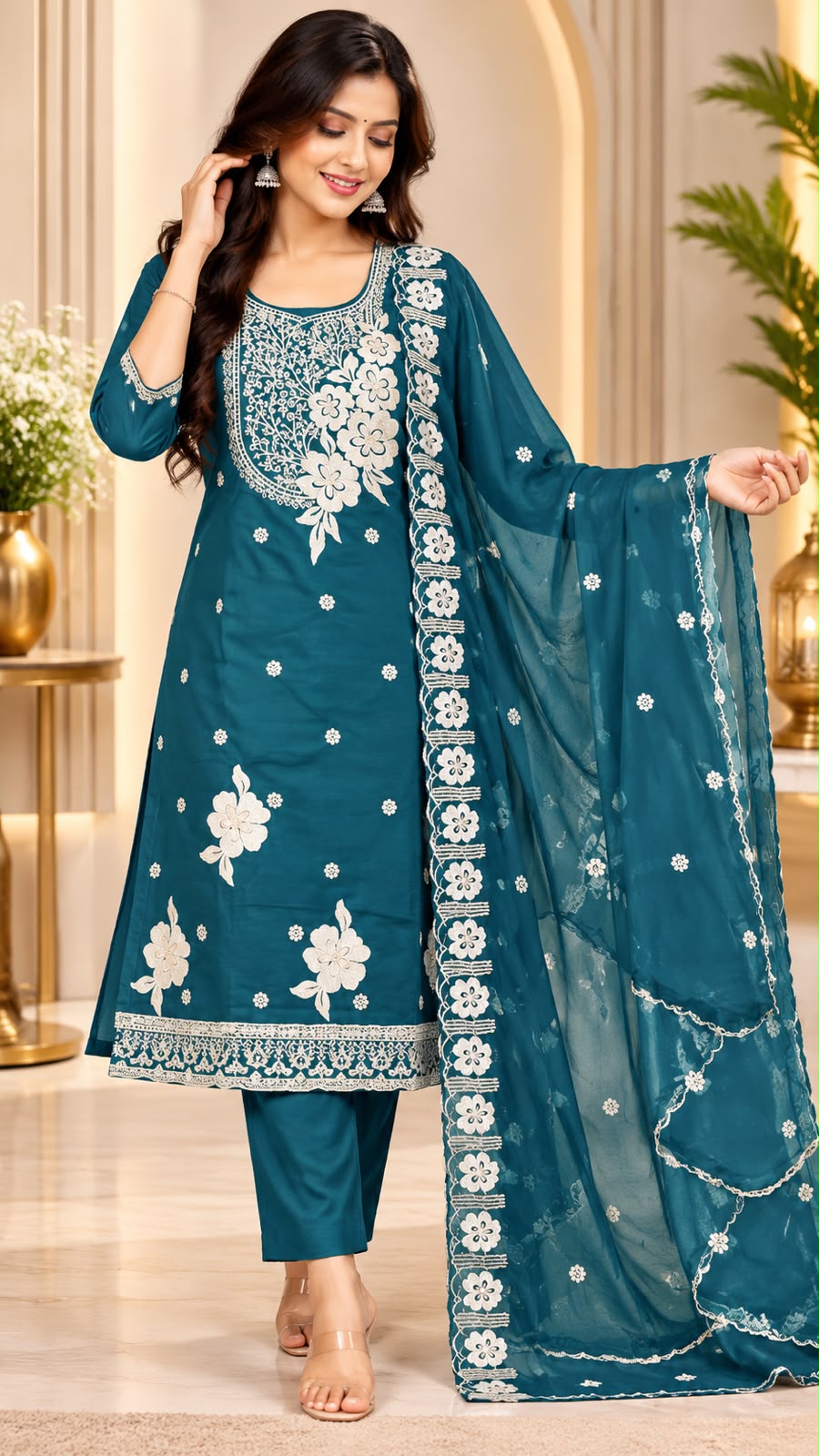 FLORAL WHITE THREAD WORK MAL CHENDERI 3-PIECE SET