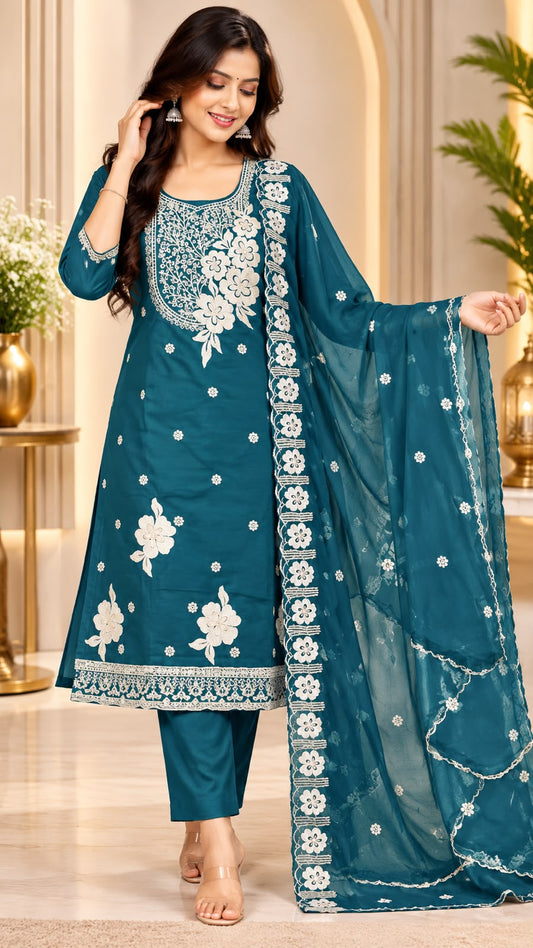 FLORAL WHITE THREAD WORK MAL CHENDERI 3-PIECE SET
