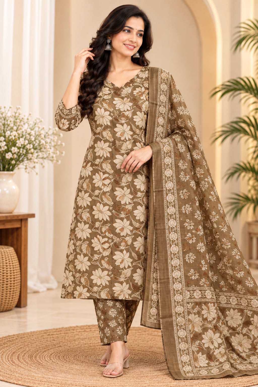 ✨ PURE COTTON FLORAL STRAIGHT-CUT KURTI WITH PANT &amp; DUPATTA – 3-PIECE SET