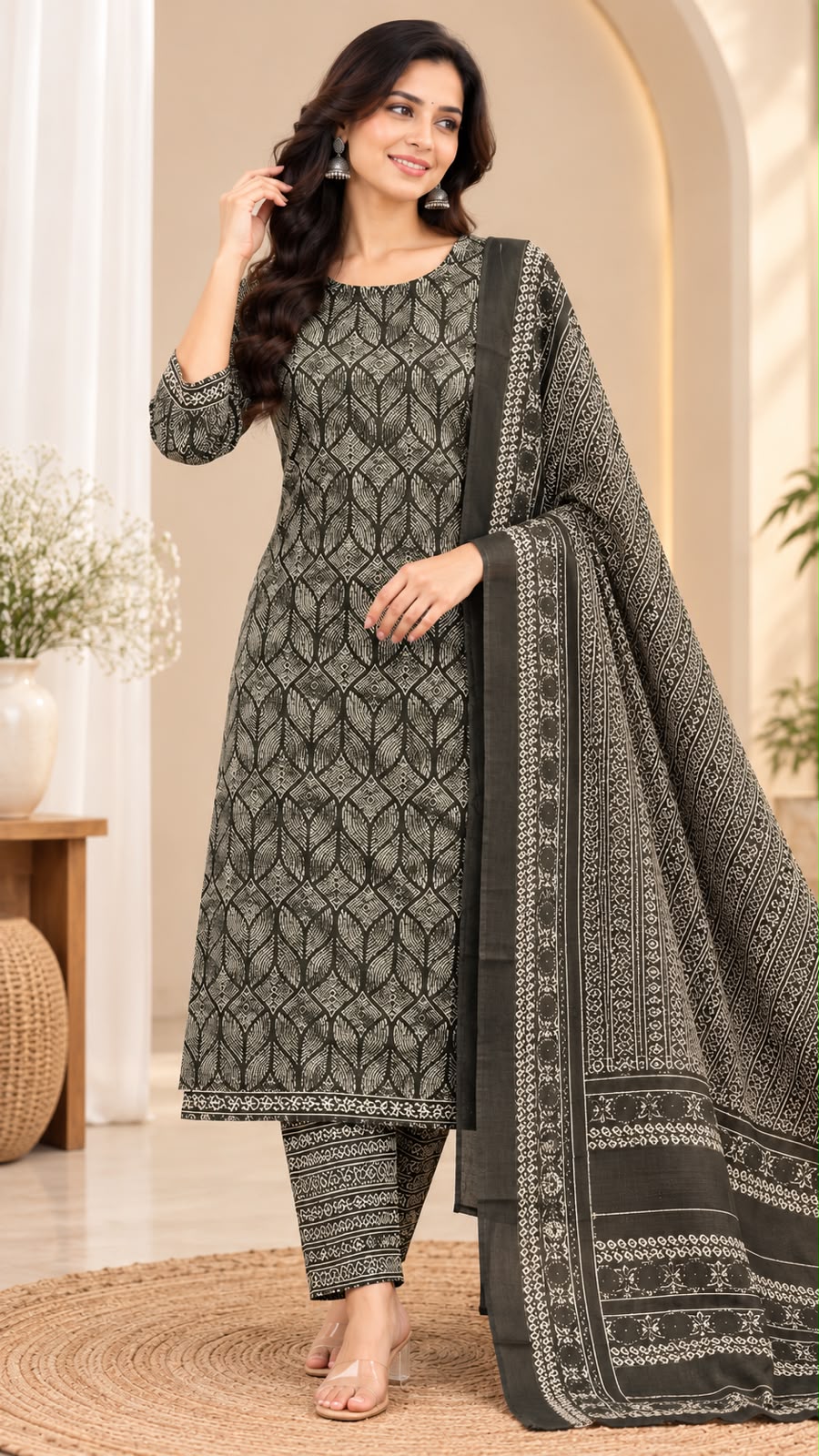✨ PURE COTTON FLORAL STRAIGHT-CUT KURTI WITH PANT &amp; DUPATTA – 3-PIECE SET