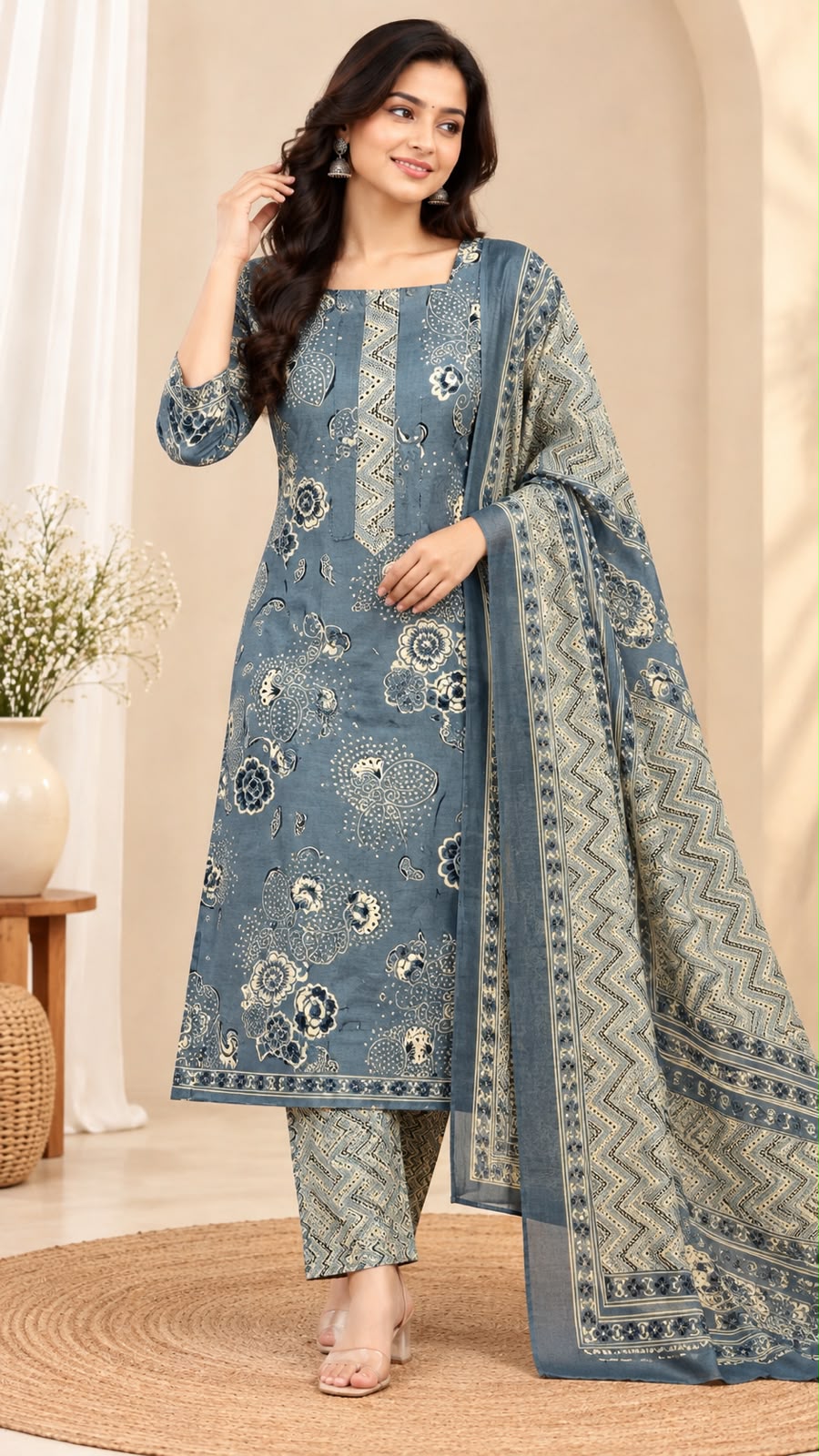 ✨ PURE COTTON FLORAL STRAIGHT-CUT KURTI WITH PANT &amp; DUPATTA – 3-PIECE SET