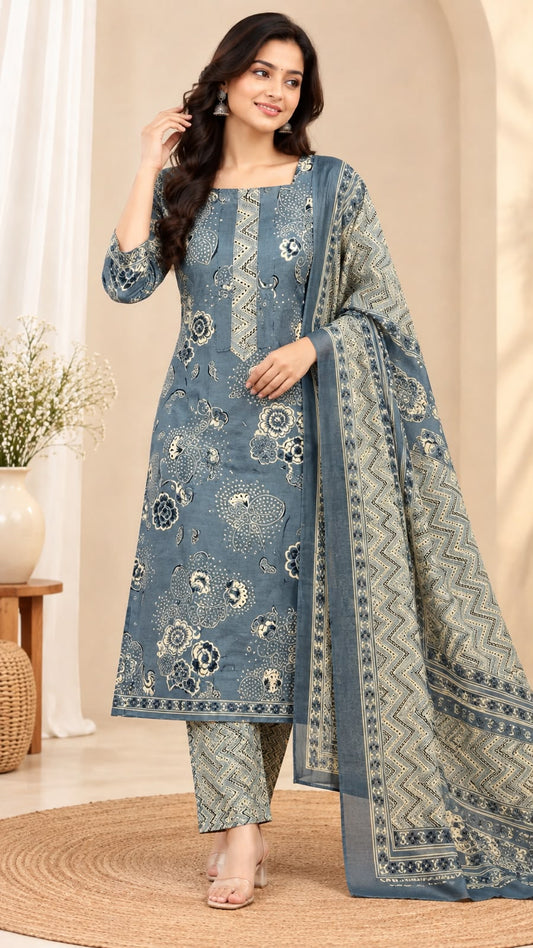 ✨ PURE COTTON FLORAL STRAIGHT-CUT KURTI WITH PANT &amp; DUPATTA – 3-PIECE SET