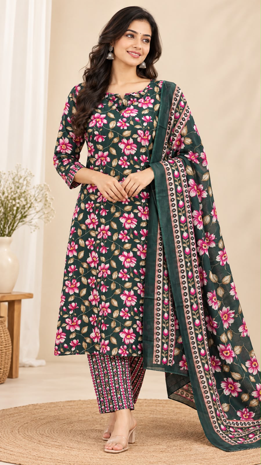 ✨ PURE COTTON FLORAL STRAIGHT-CUT KURTI WITH PANT &amp; DUPATTA – 3-PIECE SET