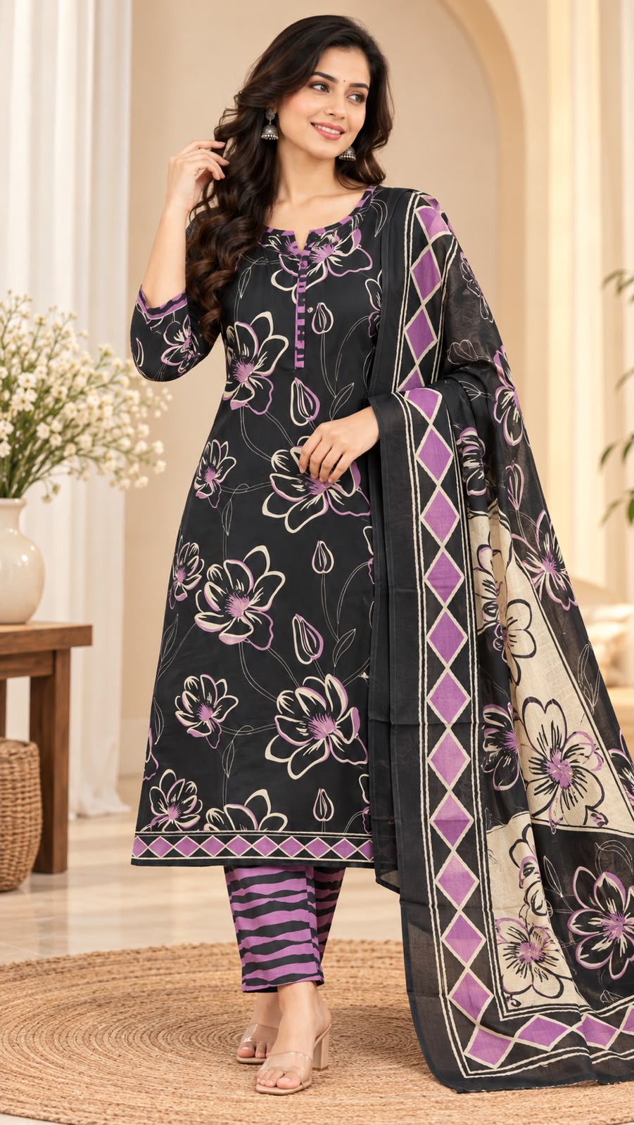 ✨ PURE COTTON FLORAL STRAIGHT-CUT KURTI WITH PANT &amp; DUPATTA – 3-PIECE SET