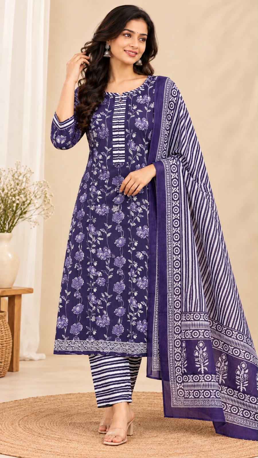 ✨ PURE COTTON FLORAL STRAIGHT-CUT KURTI WITH PANT &amp; DUPATTA – 3-PIECE SET