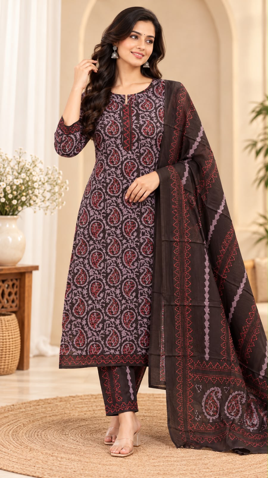 ✨ PURE COTTON FLORAL STRAIGHT-CUT KURTI WITH PANT &amp; DUPATTA – 3-PIECE SET