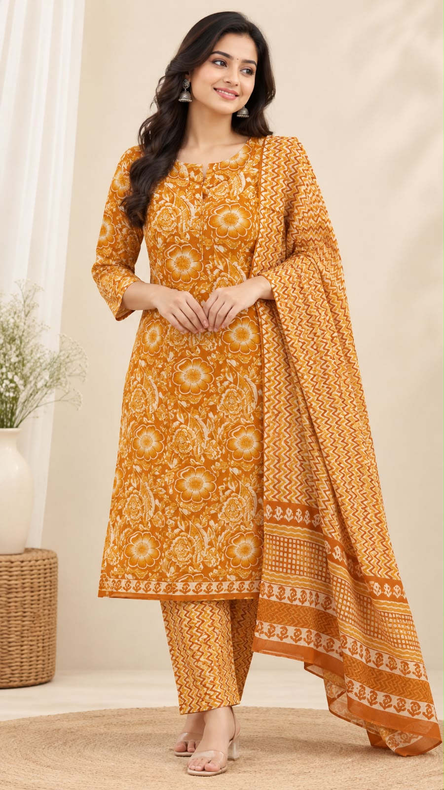 ✨ PURE COTTON FLORAL STRAIGHT-CUT KURTI WITH PANT &amp; DUPATTA – 3-PIECE SET