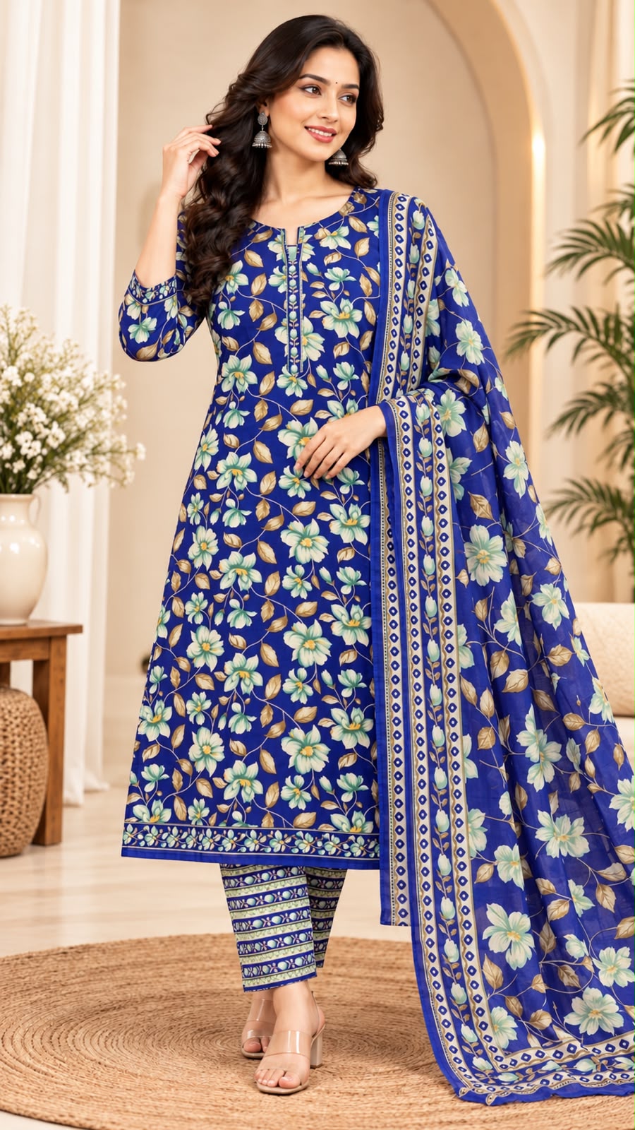 ✨ PURE COTTON FLORAL STRAIGHT-CUT KURTI WITH PANT &amp; DUPATTA – 3-PIECE SET