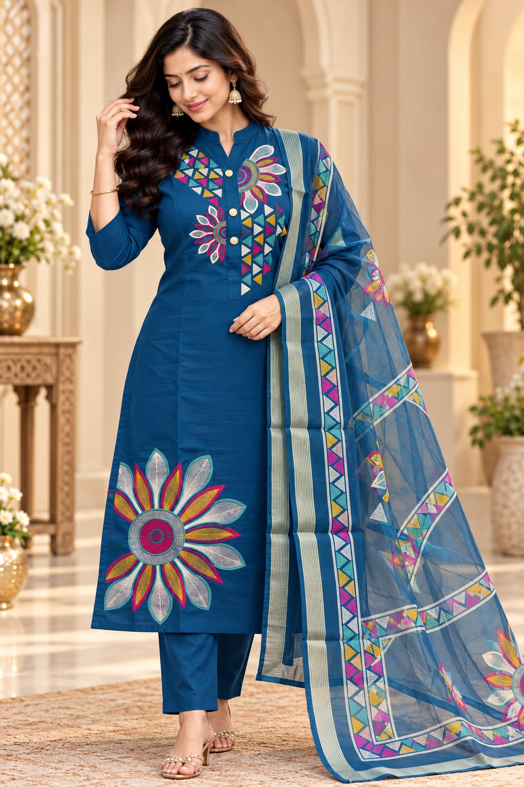 Designer Floral Roman Silk 3 Piece Suit Set for Women | LIKE N LIKE