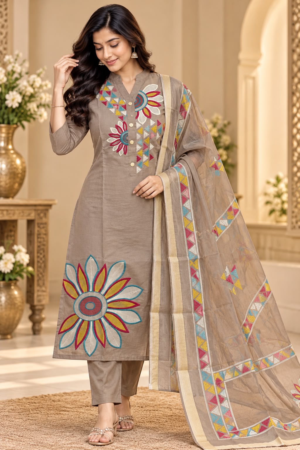 Designer Floral Roman Silk 3 Piece Suit Set for Women | LIKE N LIKE