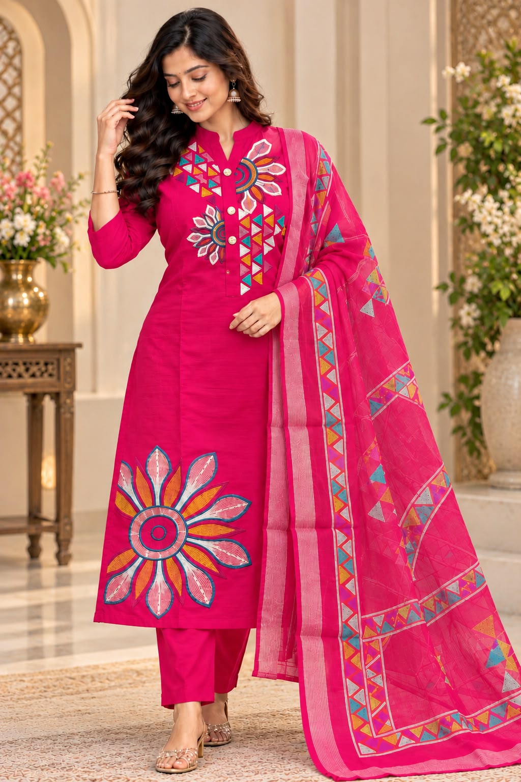 Designer Floral Roman Silk 3 Piece Suit Set for Women | LIKE N LIKE