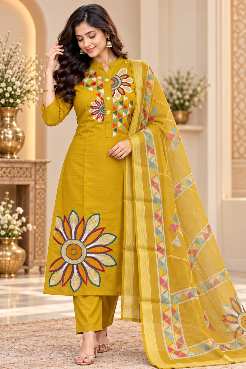 Designer Floral Roman Silk 3 Piece Suit Set for Women | LIKE N LIKE