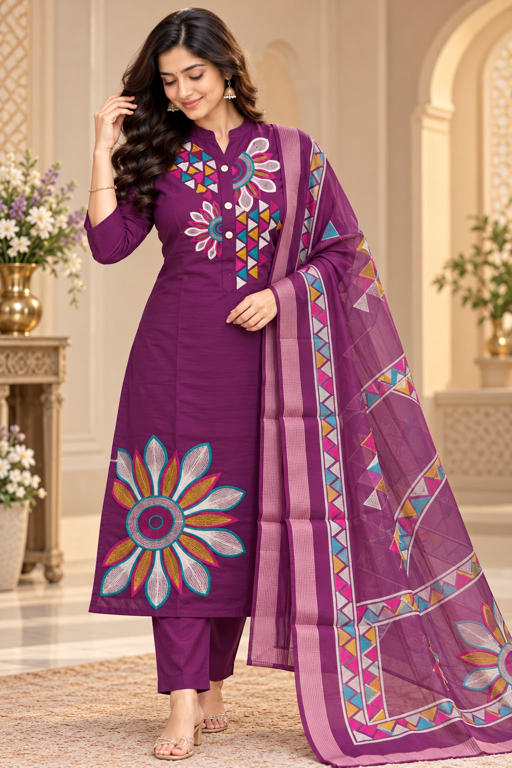 Designer Floral Roman Silk 3 Piece Suit Set for Women | LIKE N LIKE
