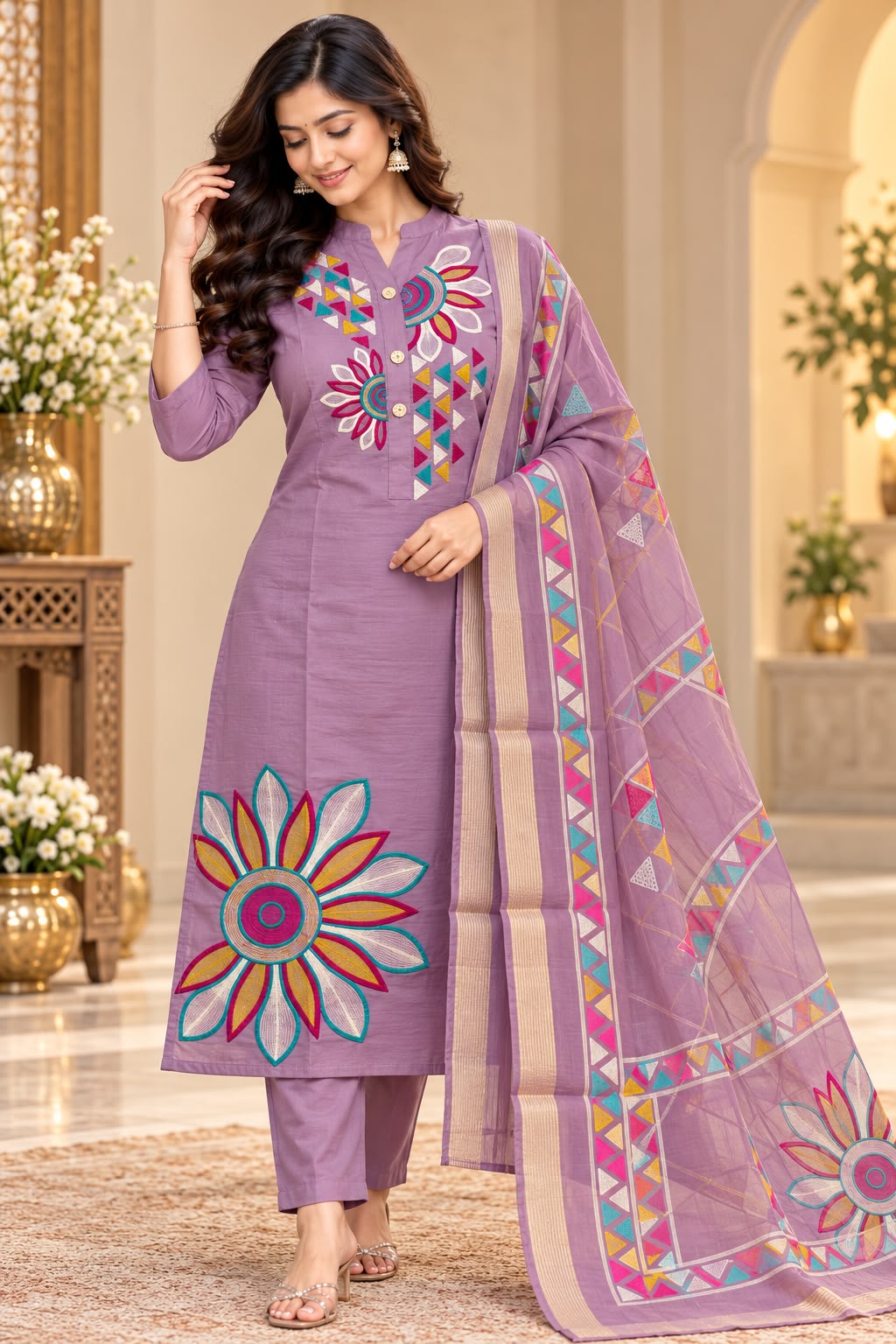 Designer Floral Roman Silk 3 Piece Suit Set for Women | LIKE N LIKE