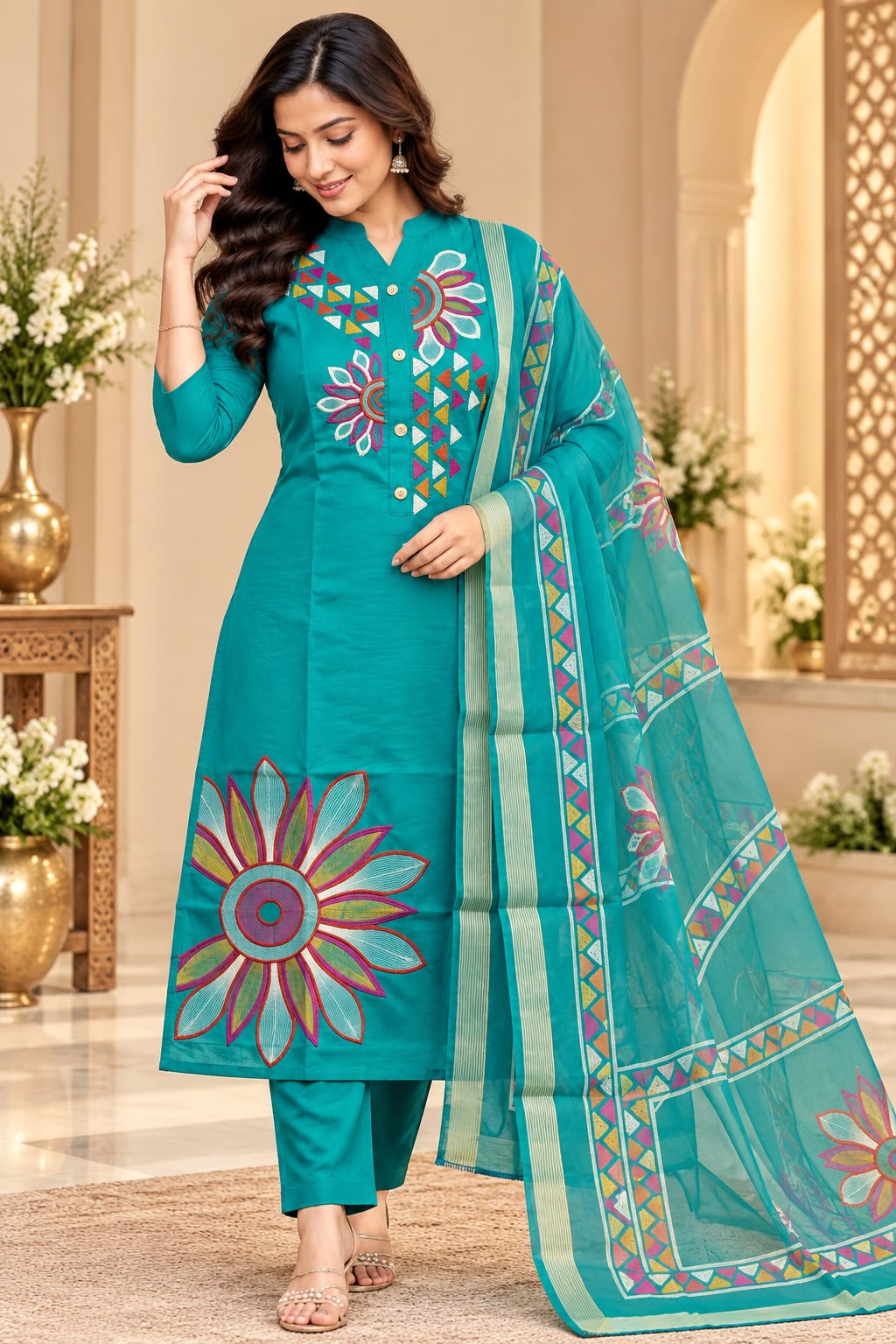 Designer Floral Roman Silk 3 Piece Suit Set for Women | LIKE N LIKE
