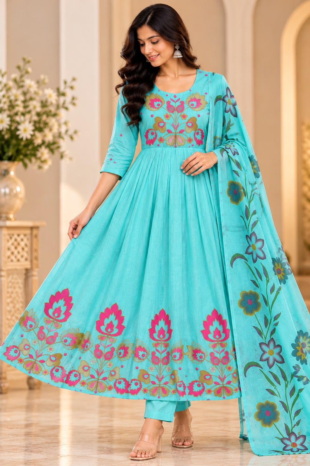 FLORAL KNOT WORK MUL COTTON 3-PIECE SET