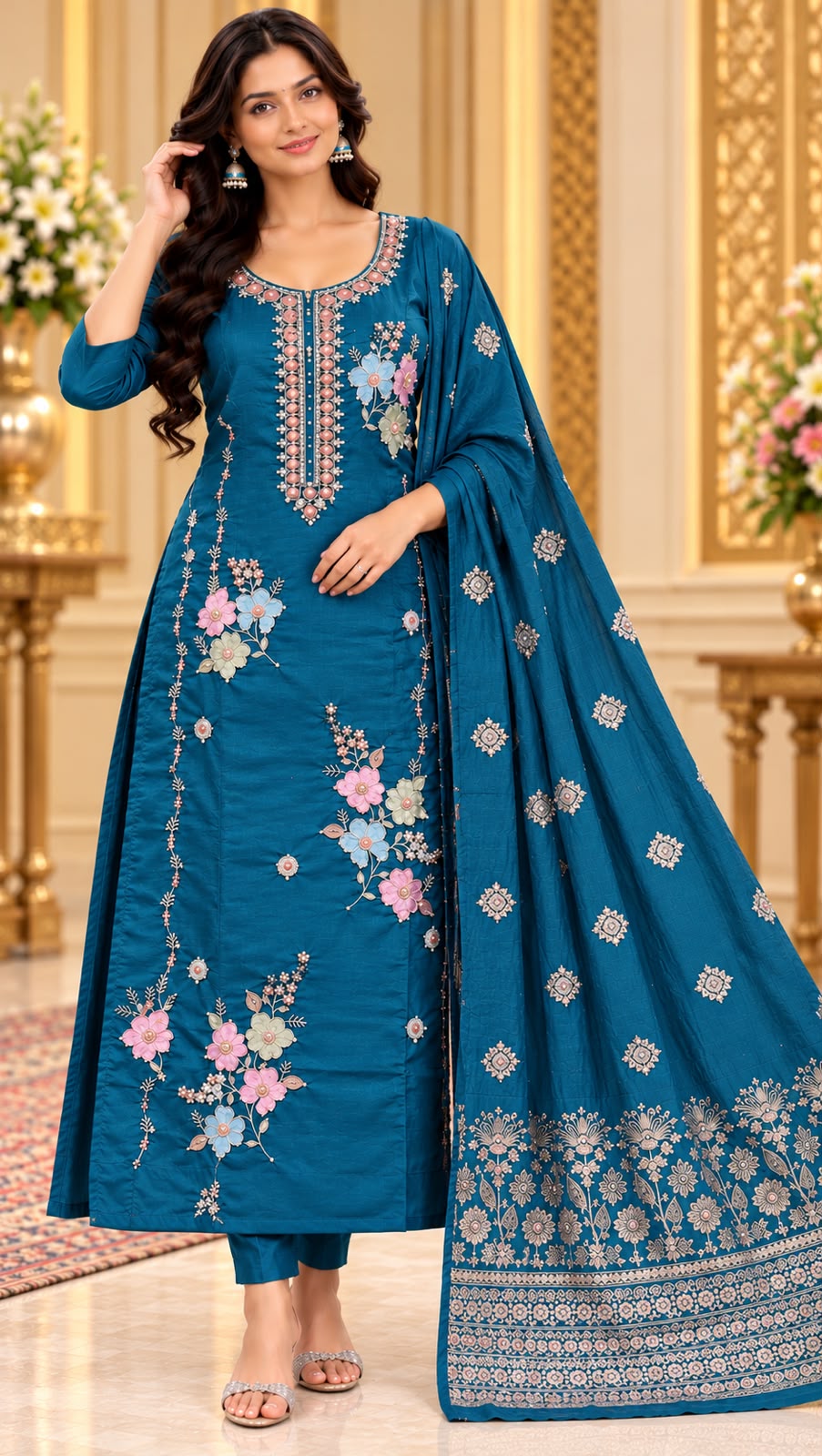Vedika Floral Glass Tissue 3 Piece Designer Suit Set for Women