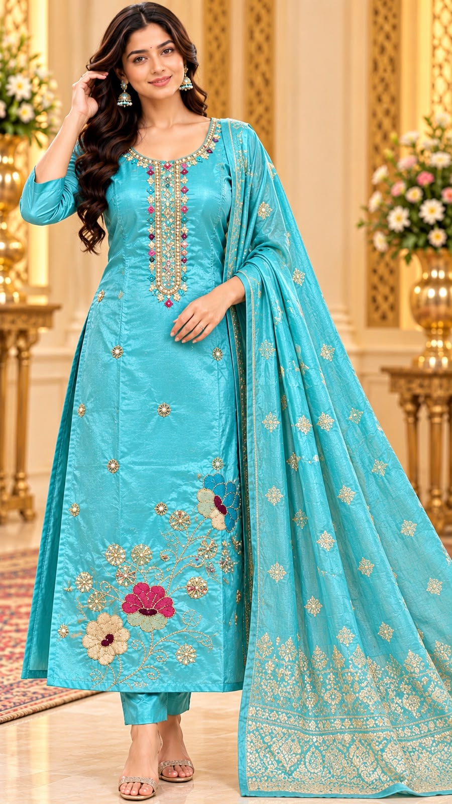 Vamika Floral Glass Tissue 3 Piece Dress Suit Set with Dupatta