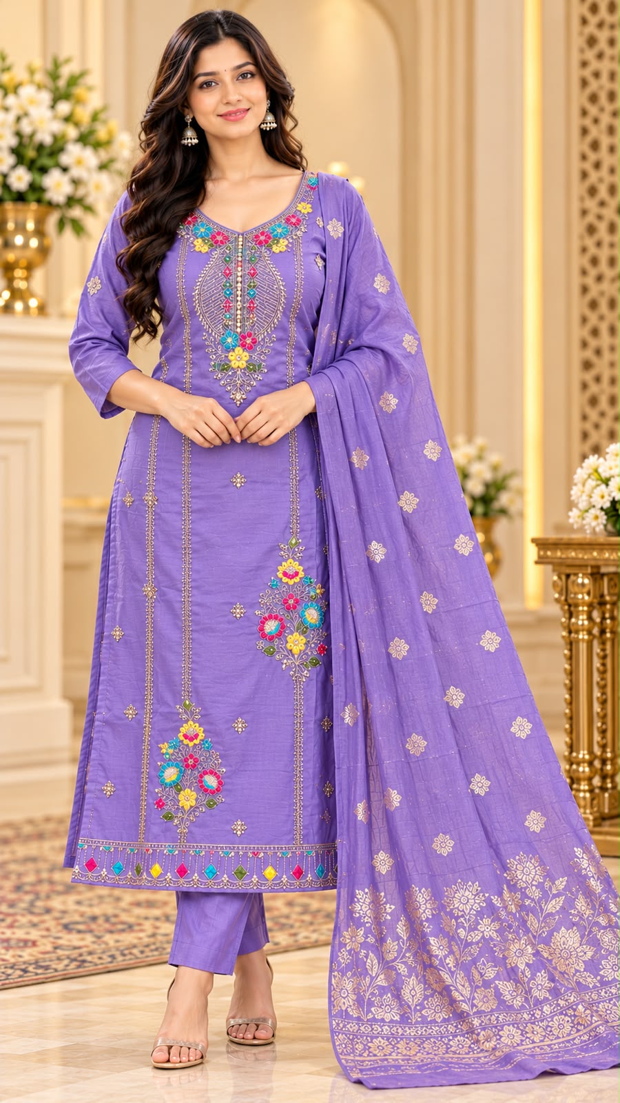 Vamika Floral Glass Tissue 3 Piece Dress Suit Set with Dupatta