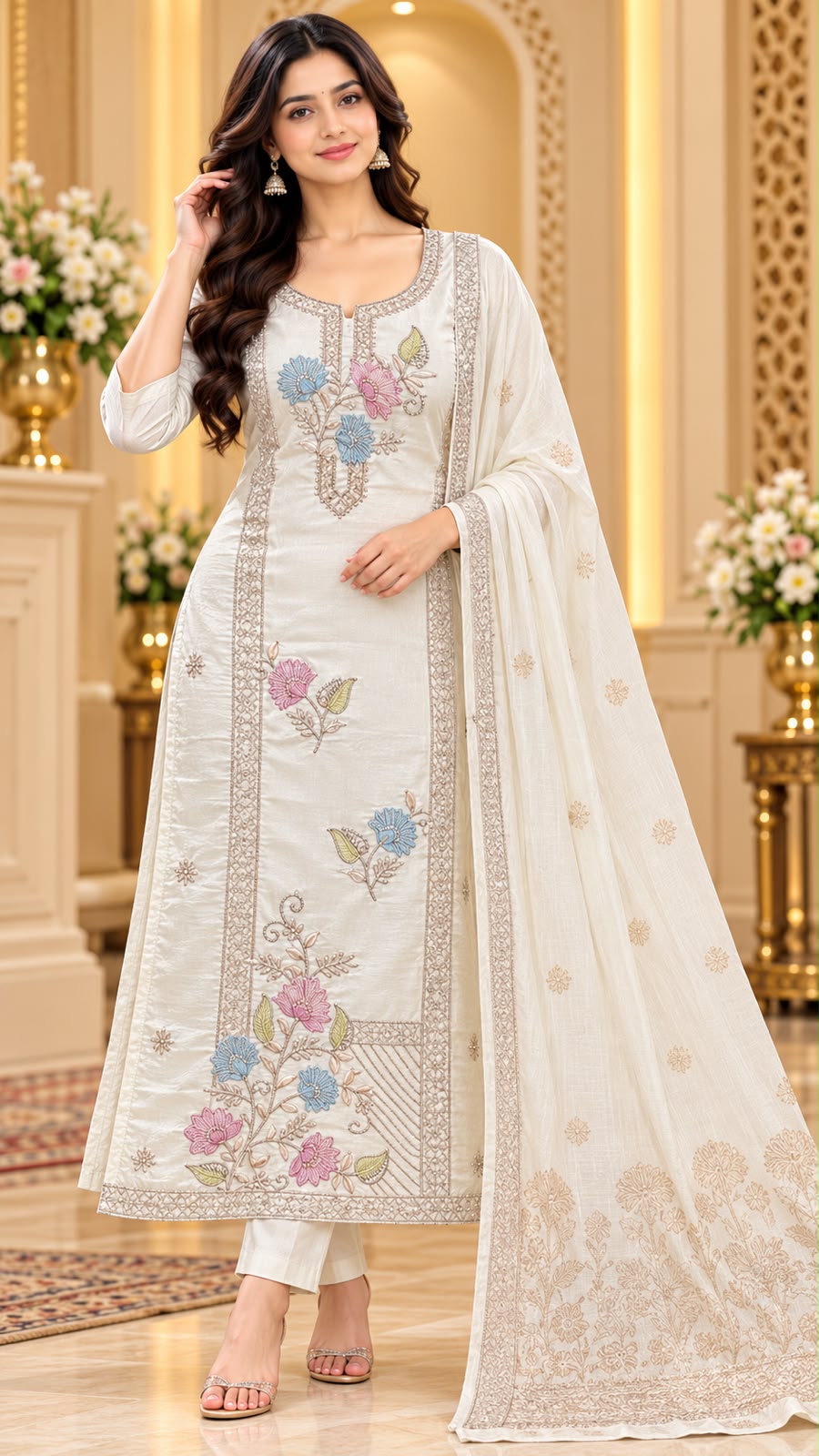 Vamika Floral Glass Tissue 3 Piece Dress Suit Set with Dupatta