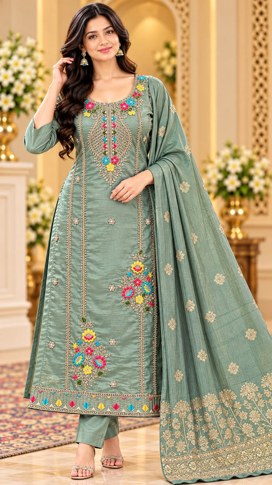 Vamika Floral Glass Tissue 3 Piece Dress Suit Set with Dupatta