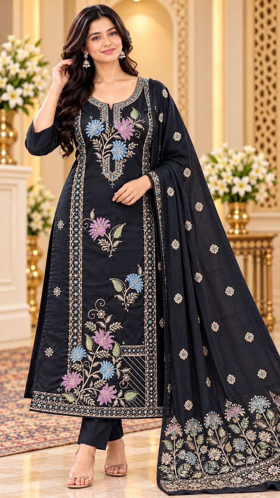 Vamika Floral Glass Tissue 3 Piece Dress Suit Set with Dupatta