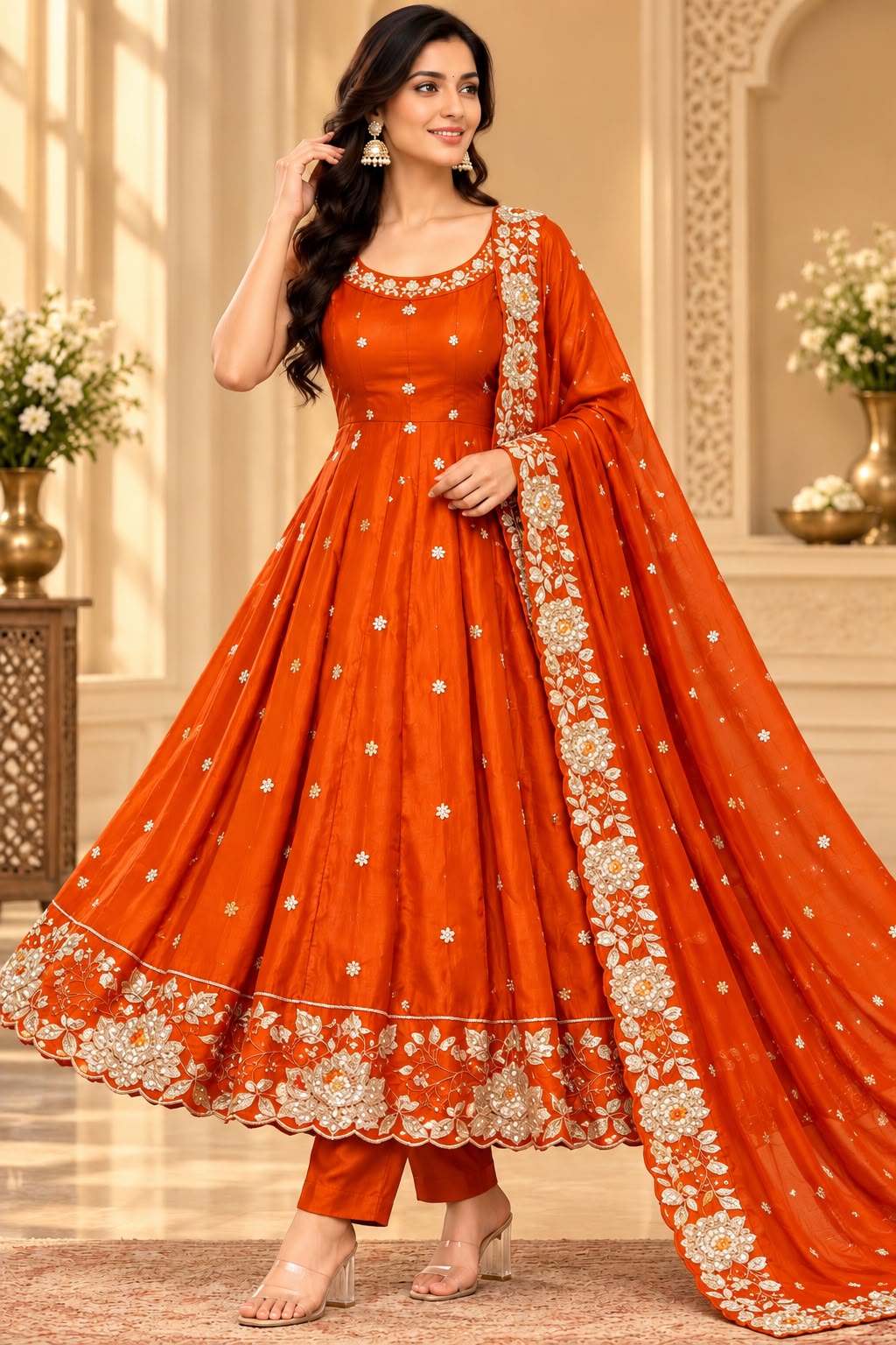 Vichitra Silk Party Wear Suit in Orange Color