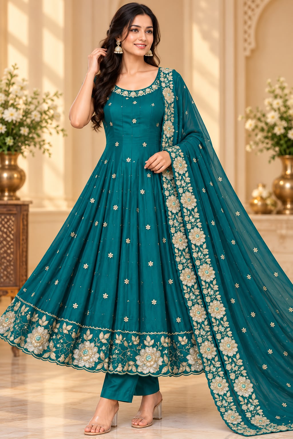 Vichitra Silk Ethnic Wear Set in Ramagreen Color