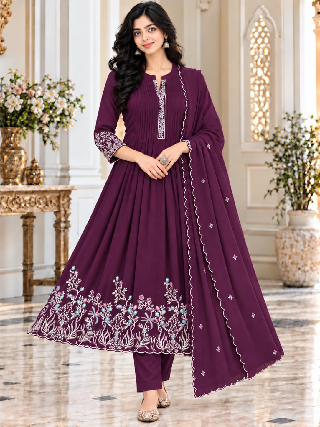 Premium Mal Chanderi Floral Umbrella 3-Piece Set