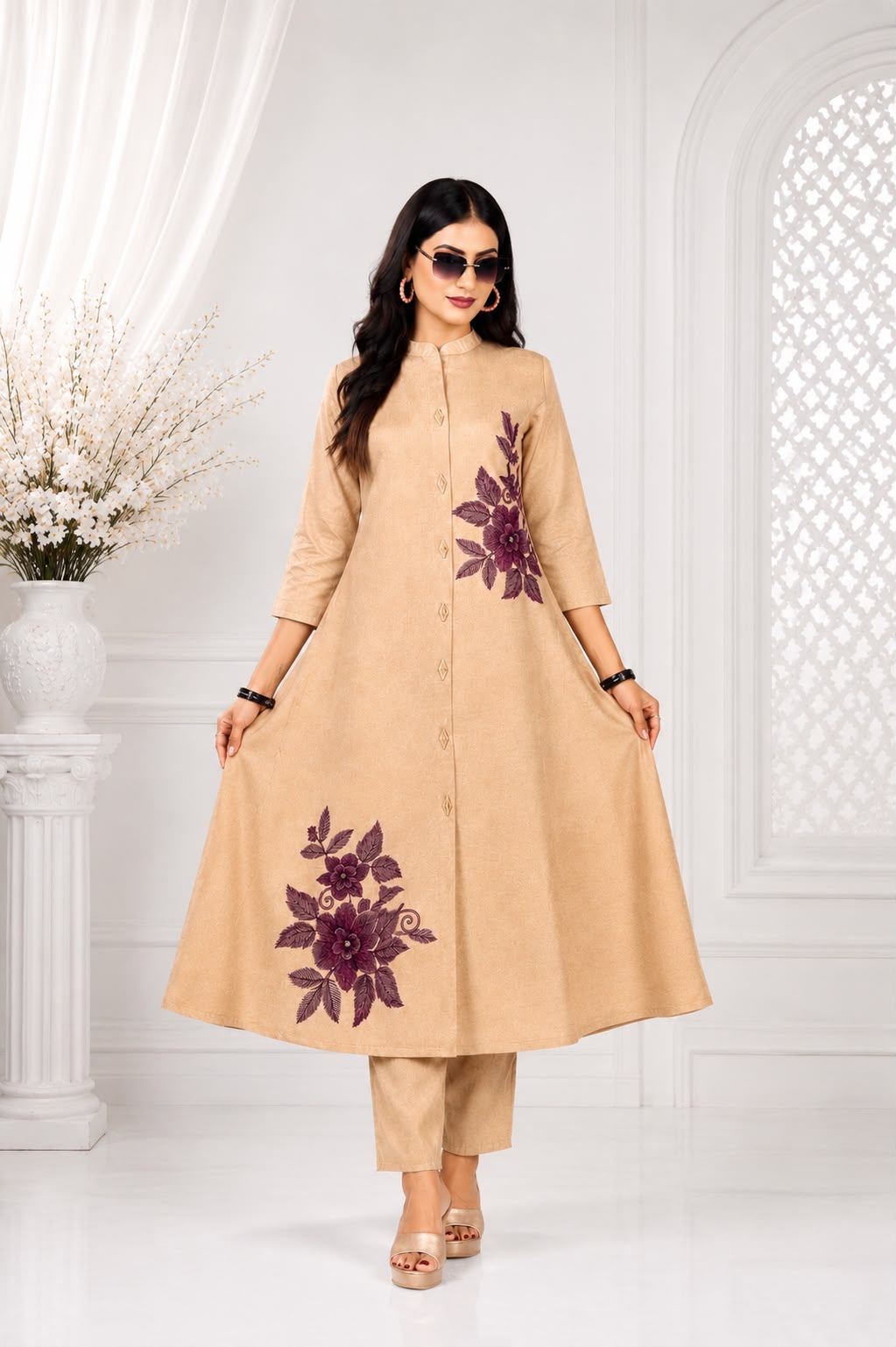 🎉 FREE SHIPPING 699₹ Only Like n Like™ 👍 Cream Elegant Alien Cut Umbrella 2-Piece Co-ord Set