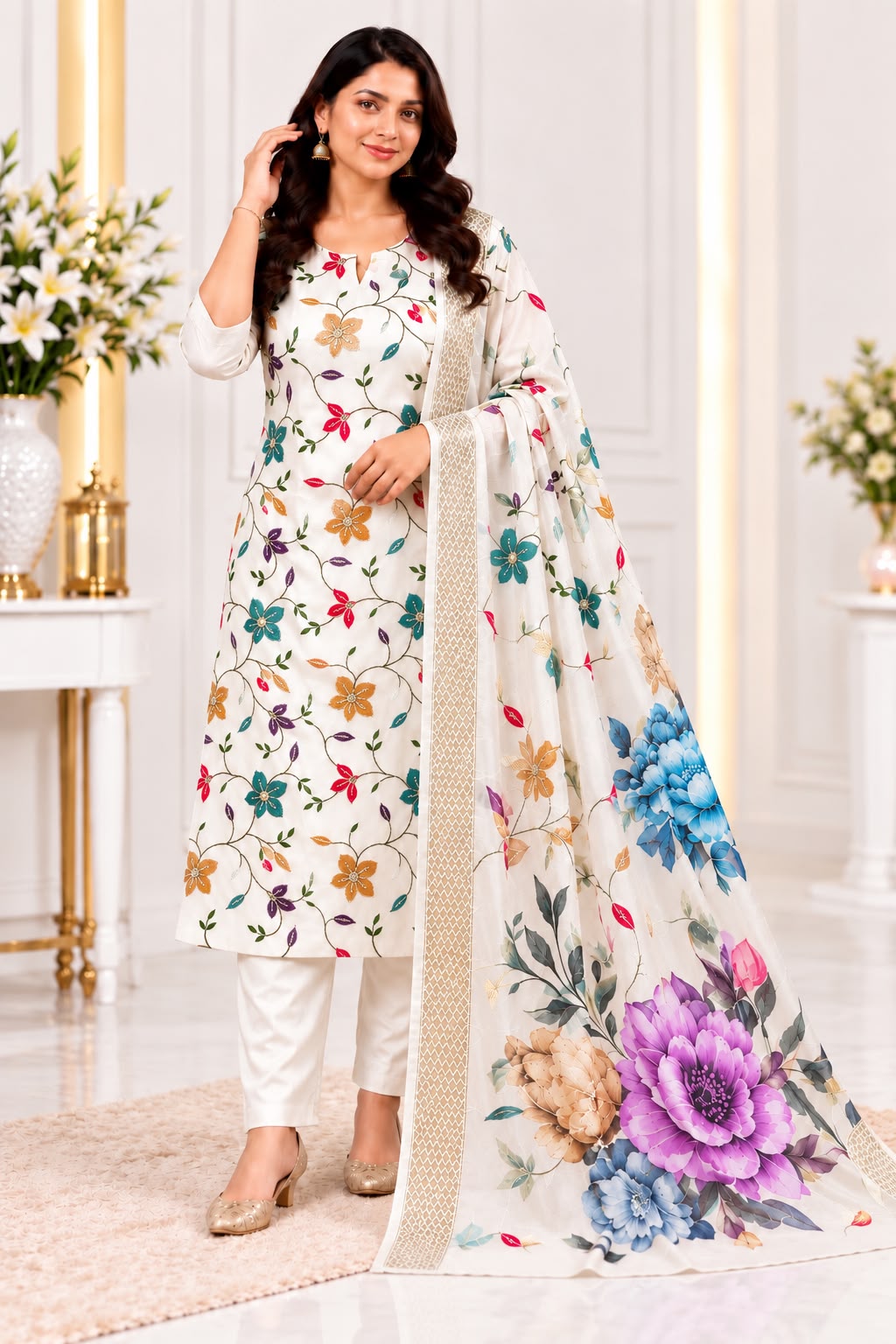 Roman Silk Floral Embroidered 3-Piece Kurti Pant Set with Dupatta