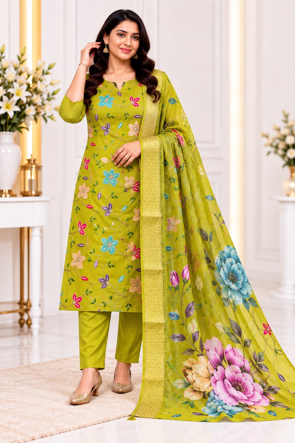 Roman Silk Floral Embroidered 3-Piece Kurti Pant Set with Dupatta