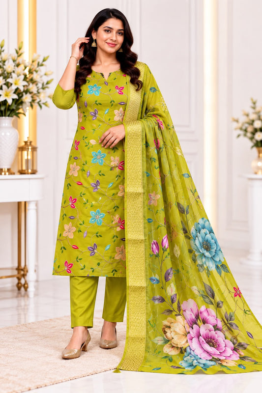 Like N Like Women's Roman Silk Floral Embroidered 3-Piece Kurti Pant Set with Dupatta (Pre-Booking)