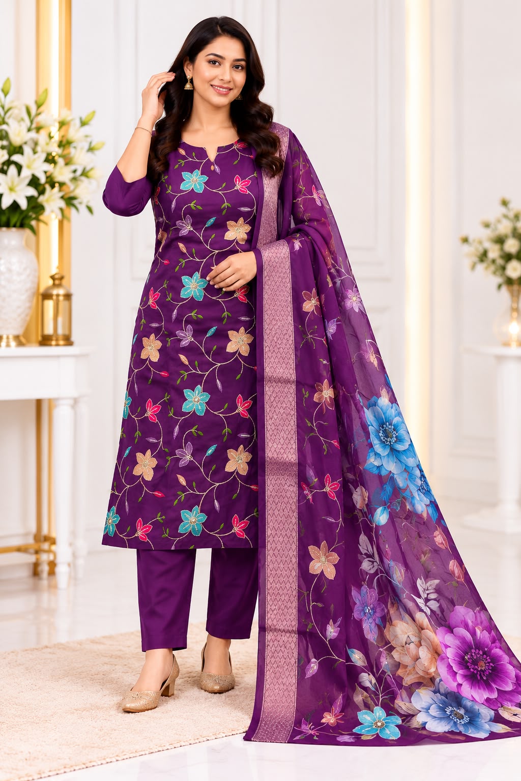 Roman Silk Floral Embroidered 3-Piece Kurti Pant Set with Dupatta