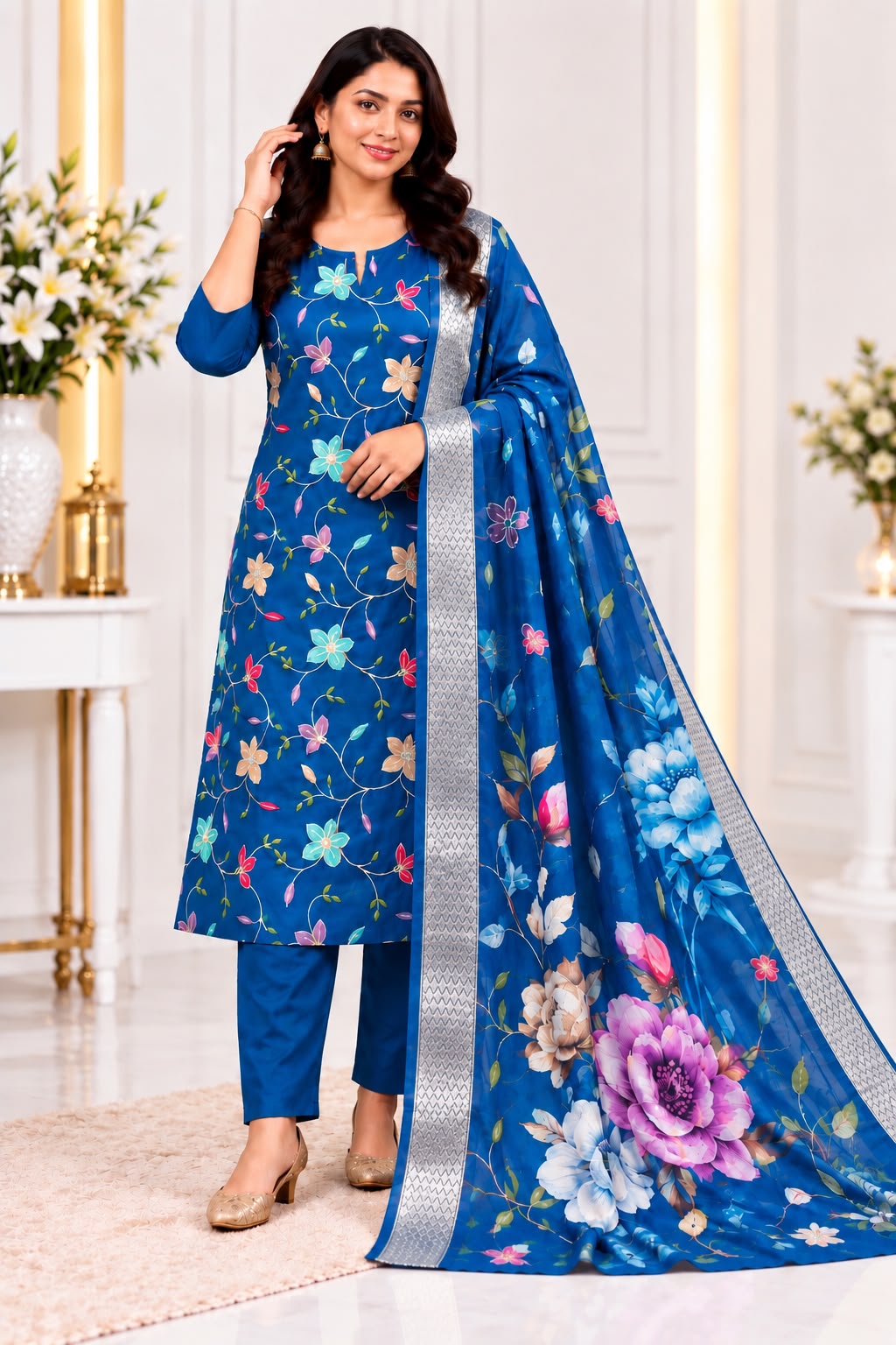 Roman Silk Floral Embroidered 3-Piece Kurti Pant Set with Dupatta