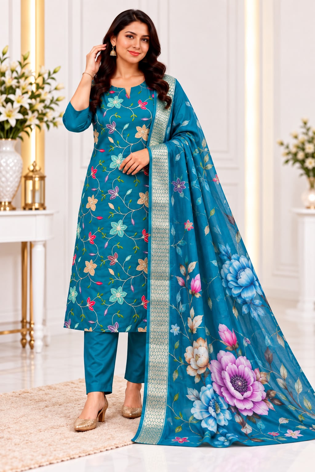Roman Silk Floral Embroidered 3-Piece Kurti Pant Set with Dupatta