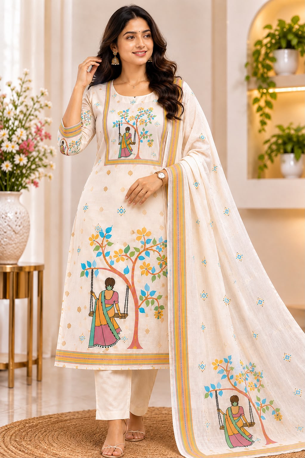 Cream Kota Floral Swing Printed Kurta Set at LIKE N LIKE Showroom, Vijayawada